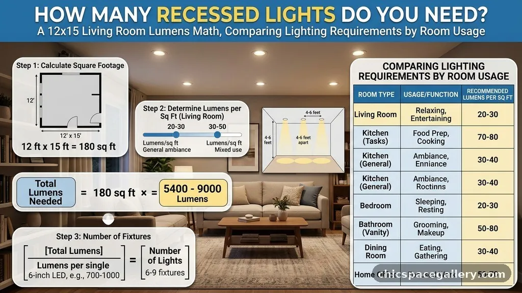 Comparing Lighting Requirements by Room Usage - How Many Recessed Lights Do You Need for a 12x15 Living Room? (Lumens Math)
