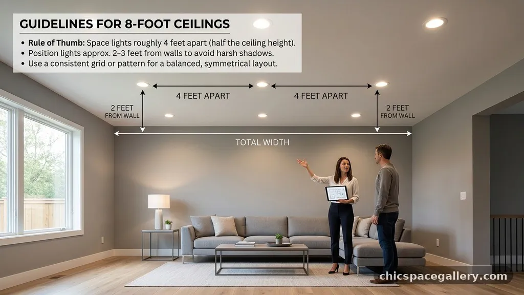 Creating a Symmetrical Layout - How Far Apart Should Recessed Can Lights Be Spaced in an 8-Foot Ceiling?