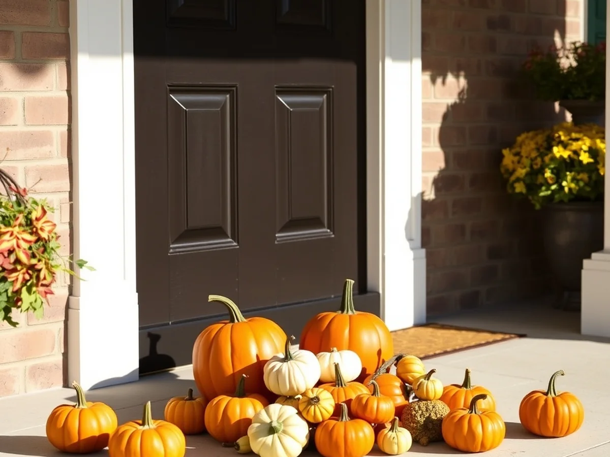 Idea 7: Mini Pumpkin Cluster with Decorative Accents - Fall Front Door Decor Ideas