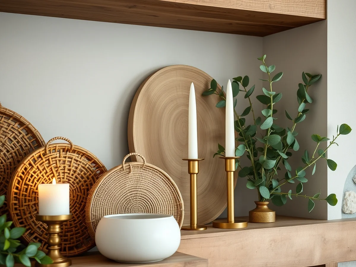 Layering Textures and Natural Foliage Elements - Fall Shelf Decor Ideas
