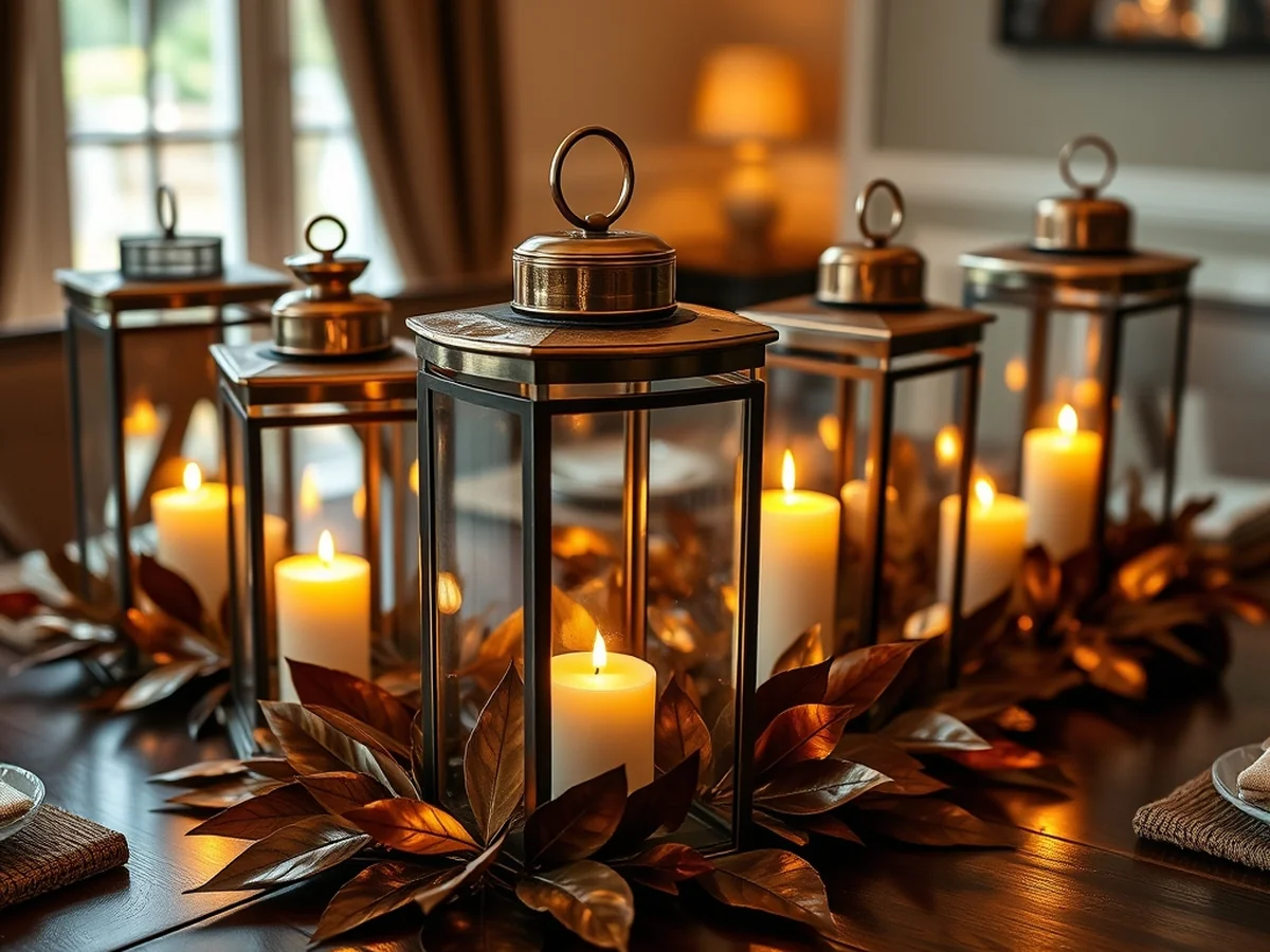 Lanterns, Candles, and Copper Accents - Fall Table Centerpiece Ideas