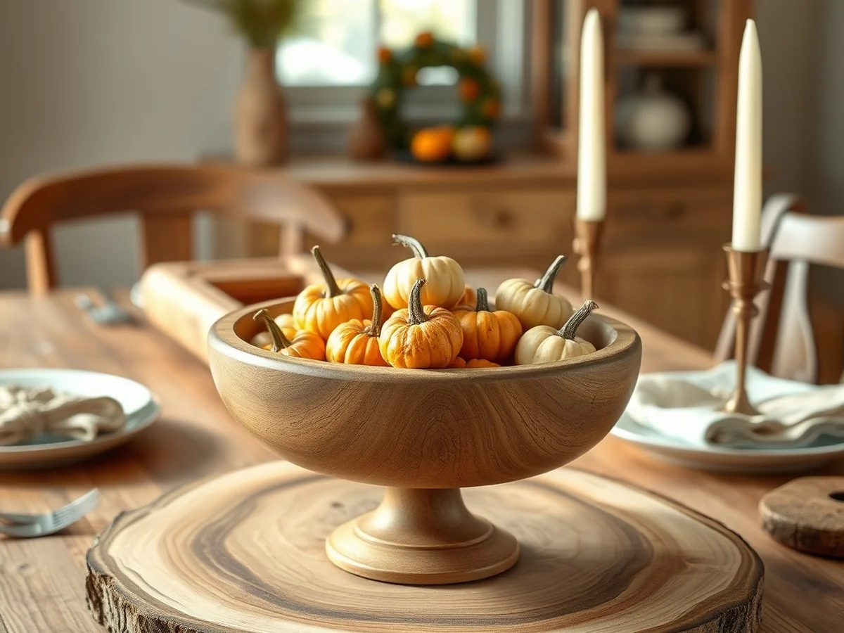 Rustic Dough Bowl and Wooden Cakestand Displays - Fall Table Centerpiece Ideas