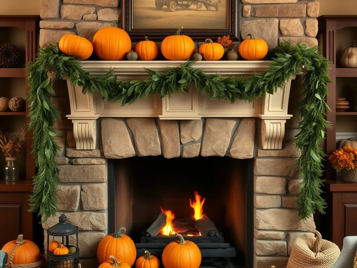 Classic Mantel Styling with Pumpkins and Garlands - halloween fireplace decor ideas