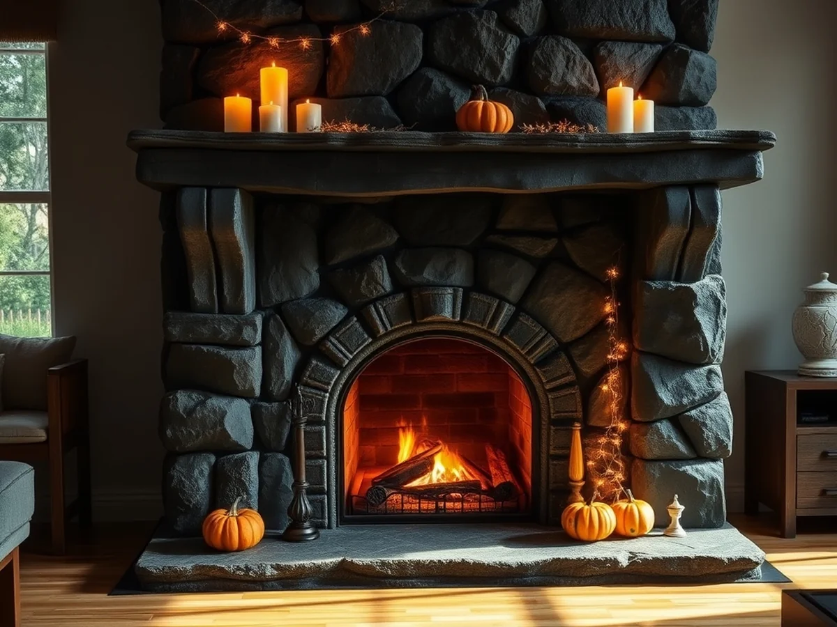 Gothic Stone Fireplace Mantel - halloween living room decor ideas